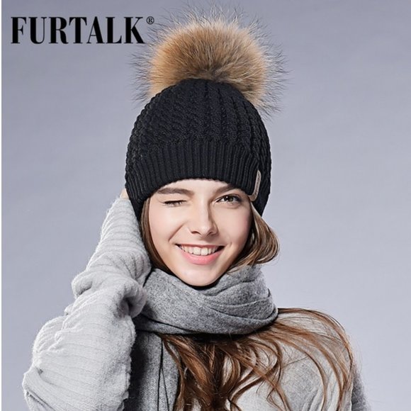FURTALK Women Winter Real Fur Pom Pom Hat - Picture 2 of 10